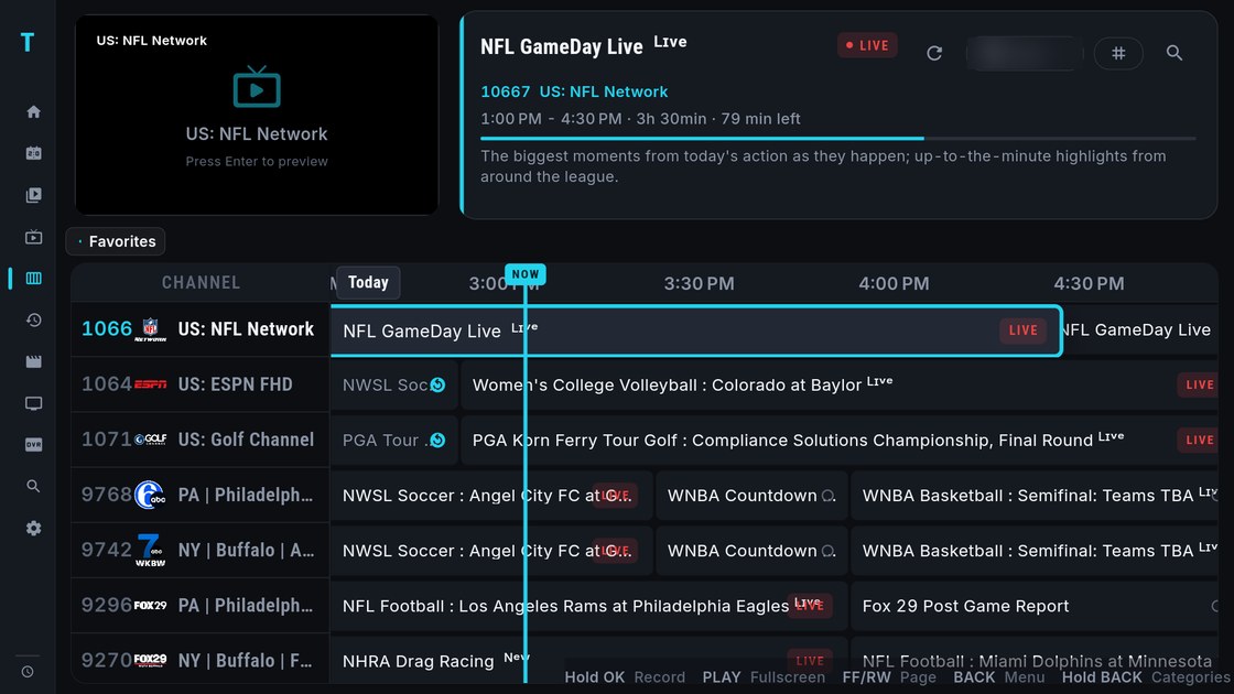 TV guide with the preview and info panel on top and a seven-channel grid with the NOW line below