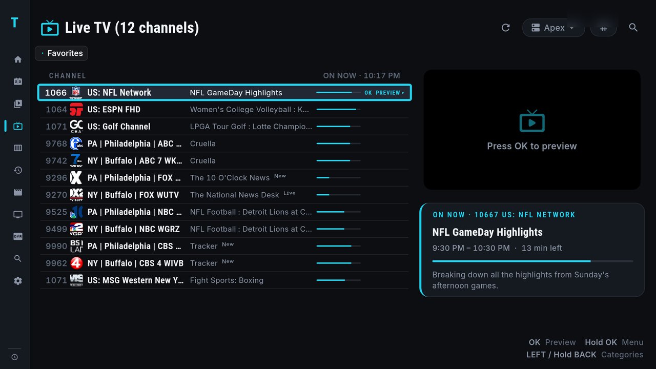 Live TV channel ledger with a channel focused, the on-now programme and a preview pane on the right