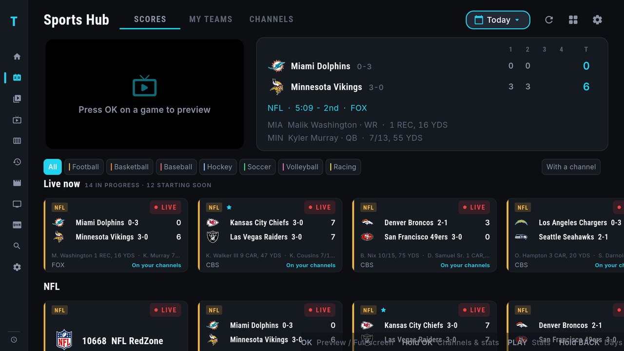 Sports Hub with a live preview pane, a one-table box score, sport filters and rows of games per league